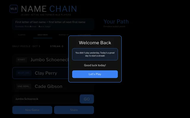 Name Chain's Daily Path for 3 October: start Jumbo Schoeneck, must use Clay Perry, end goal Cade Gibson, with the game's Welcome Back box