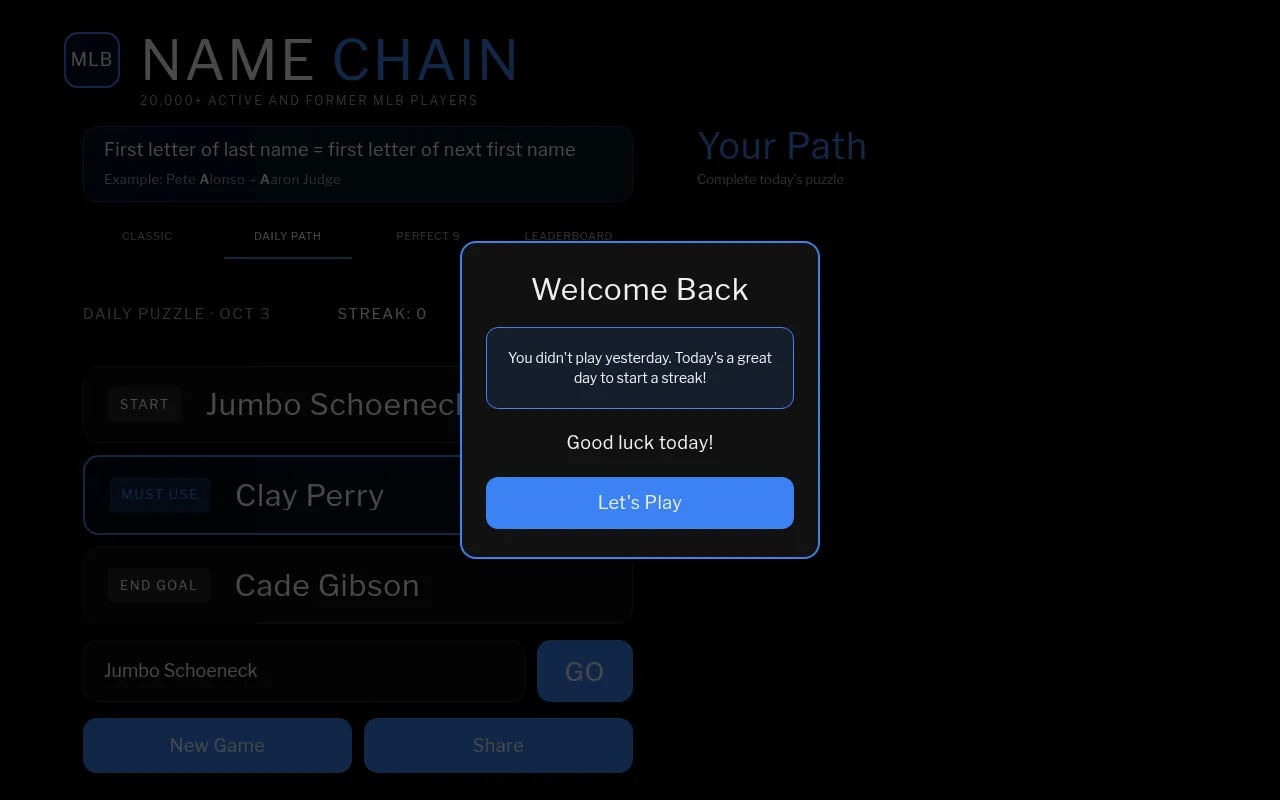 Name Chain's Daily Path for 3 October: start Jumbo Schoeneck, must use Clay Perry, end goal Cade Gibson, with the game's Welcome Back box