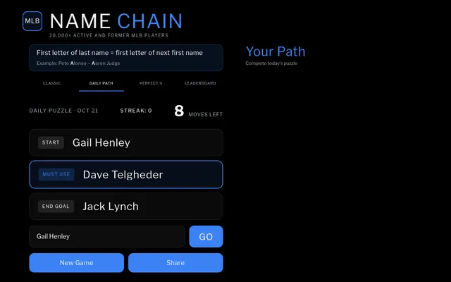 Name Chain's Daily Path for 21 October 2026 at desktop size: start Gail Henley, must use Dave Telgheder, end goal Jack Lynch, 8 moves left