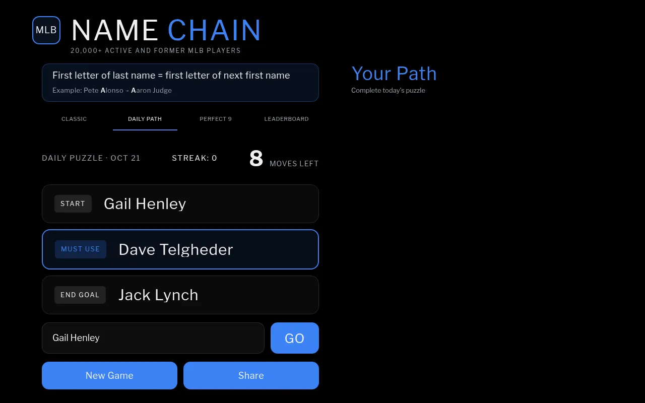 Name Chain's Daily Path for 21 October 2026 at desktop size: start Gail Henley, must use Dave Telgheder, end goal Jack Lynch, 8 moves left