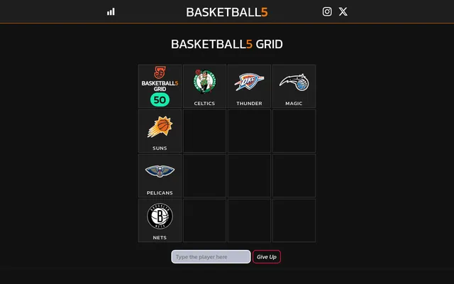 The Basketball5 Grid for 26 October 2026: Celtics, Thunder and Magic across the top, Suns, Pelicans and Nets down the side, nine empty squares and a player name box