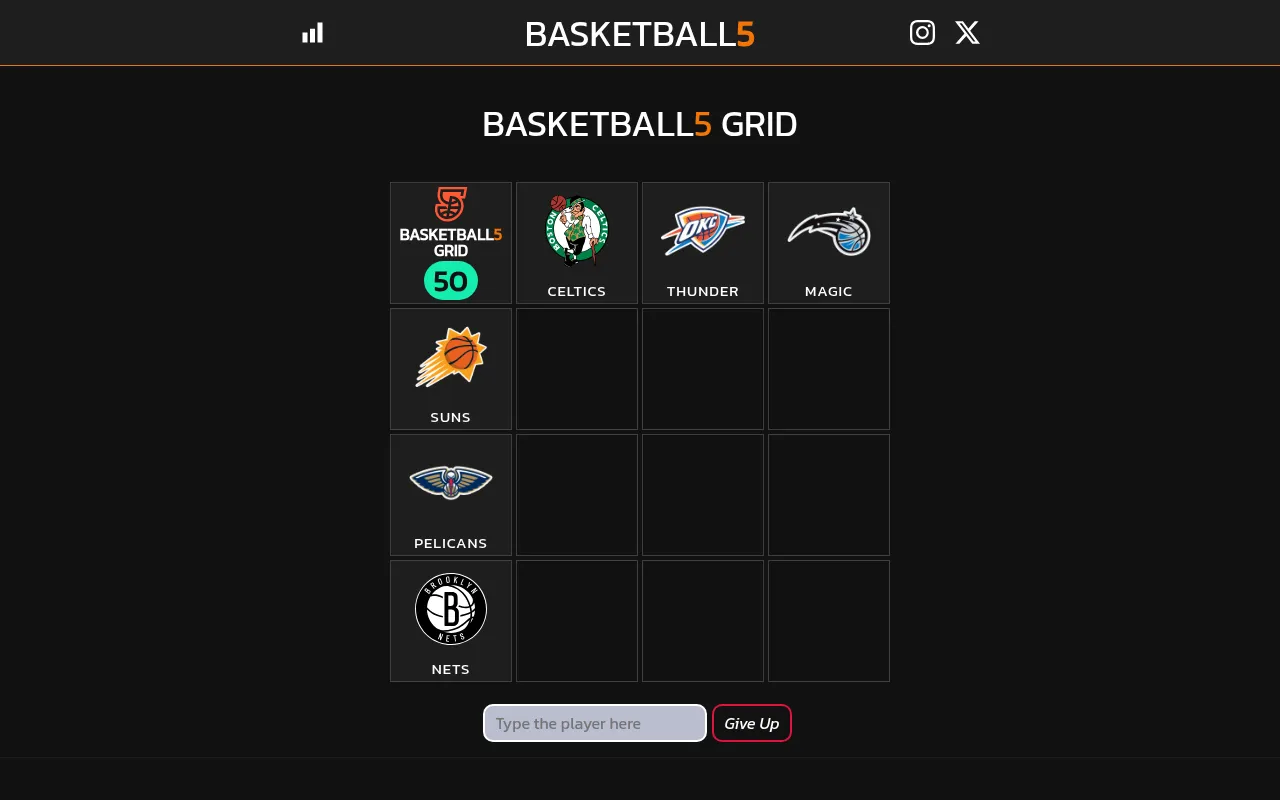 The Basketball5 Grid for 26 October 2026: Celtics, Thunder and Magic across the top, Suns, Pelicans and Nets down the side, nine empty squares and a player name box