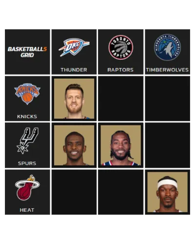 A Basketball5 Grid with Knicks, Spurs and Heat down the side and Thunder, Raptors and Timberwolves across the top, four squares filled with player photos