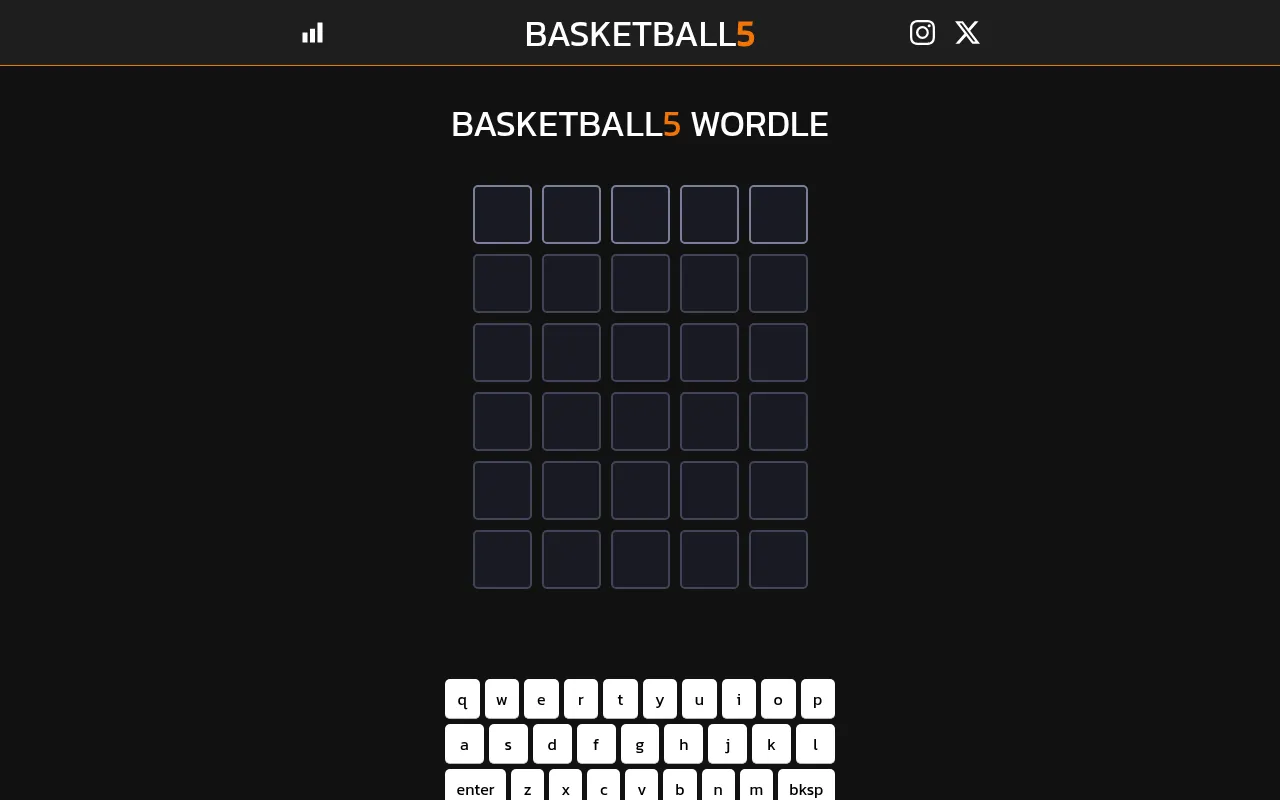 The Basketball5 Wordle for 26 October 2026: an empty board of six rows of five letters above an on-screen keyboard