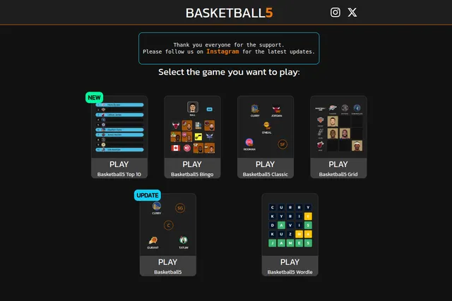 The Basketball5 home page: Play cards for Basketball5 Top 10, Bingo, Classic, Grid, the Basketball5 lineup draft and Basketball5 Wordle, each with a preview of the game