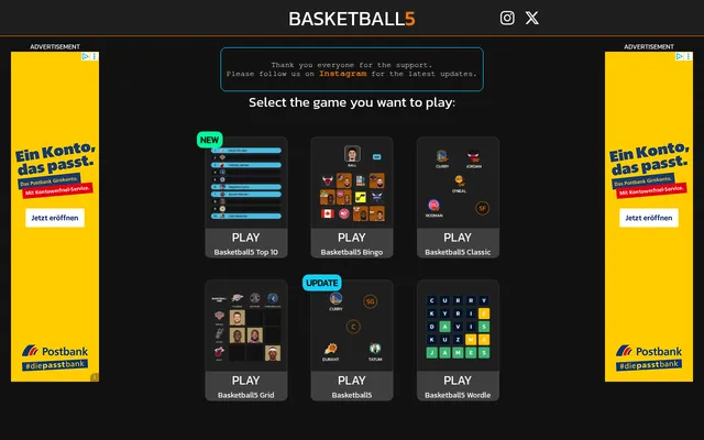 The Basketball5 home page with six game cards: Top 10, Bingo, Classic, Grid, the Basketball5 lineup draft and an NBA Wordle board