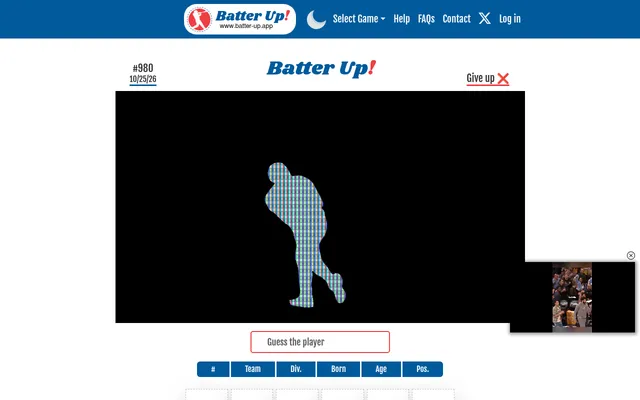 Batter Up puzzle No. 980 of 25 October 2026: the mystery hitter's patterned silhouette on black, the Guess the player box and the tile headers #, Team, Div., Born, Age and Pos.