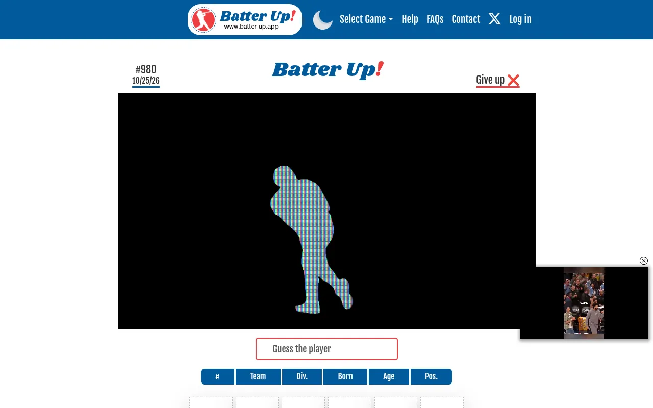 Batter Up puzzle No. 980 of 25 October 2026: the mystery hitter's patterned silhouette on black, the Guess the player box and the tile headers #, Team, Div., Born, Age and Pos.