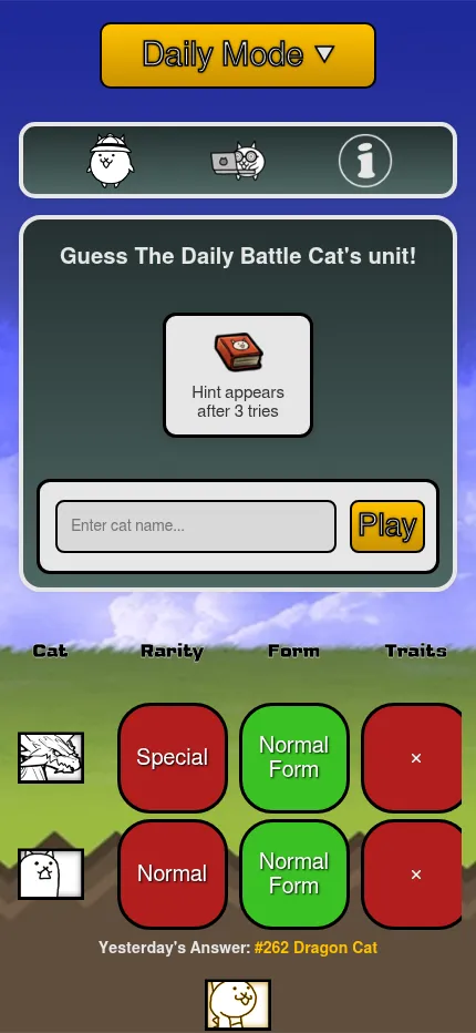 Catdle on a phone: the daily guess box and hint card above two guessed units, the board scrolling sideways, with yesterday's answer below