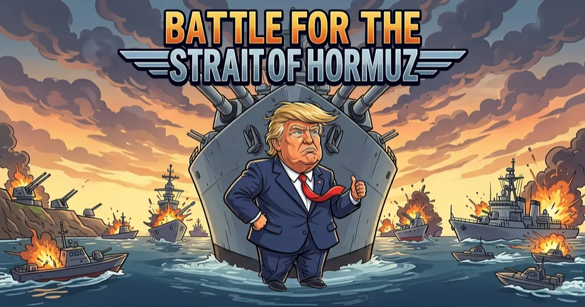 Battle for the Strait of Hormuz title art: a cartoon president in front of a battleship among burning warships