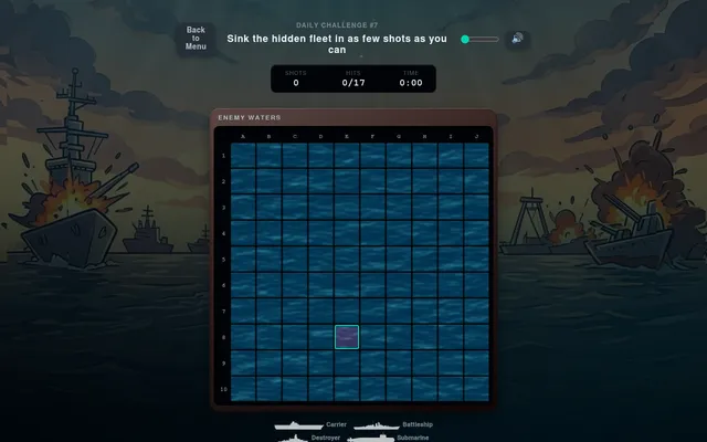Battle for the Strait of Hormuz Daily Challenge #7: an empty 10 by 10 Enemy Waters grid with shots, hits out of 17 and a timer above, warships burning on either side
