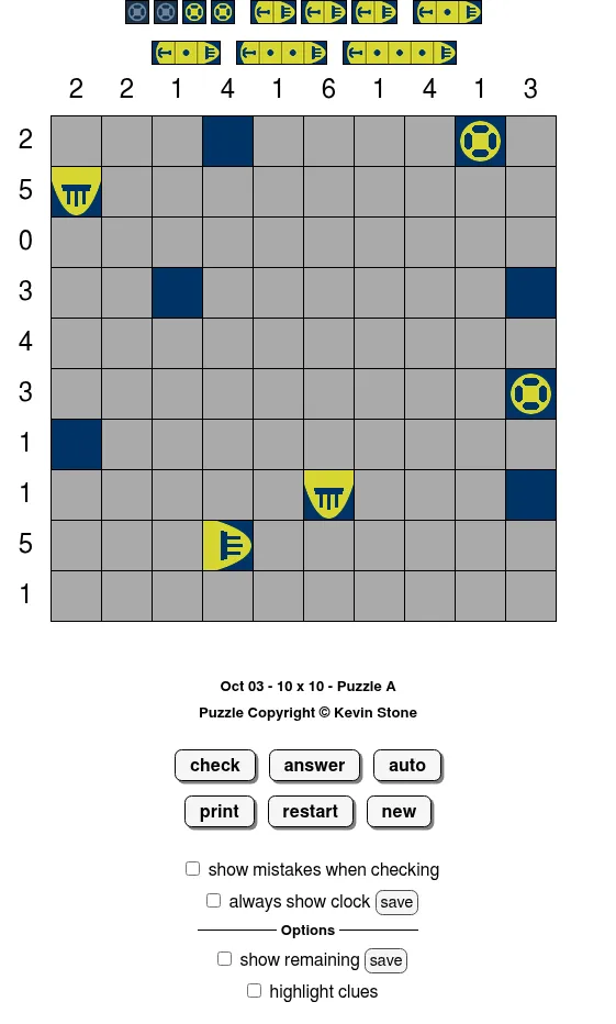 BrainBashers Battleships for 3 October, 10x10 Puzzle A: the fleet to find shown above a grey grid with row and column counts and a few revealed ship pieces