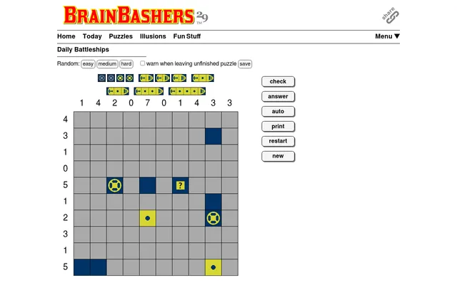 BrainBashers Battleships for 22 October, 10x10 Puzzle A: the fleet above the grid, row and column counts and a few given ship pieces, with check and answer buttons