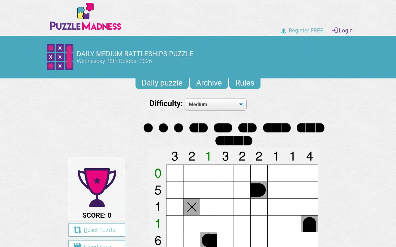 The PuzzleMadness Daily Medium Battleships page for 28 October 2026, with the difficulty menu, the fleet list, the grid and the score box