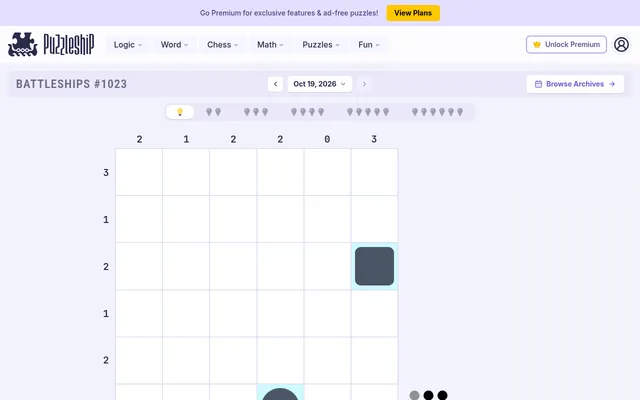Puzzleship Battleships #1023 for Oct 19, 2026 on the very easy level: a 6x6 grid with row and column counts and two ship cells given