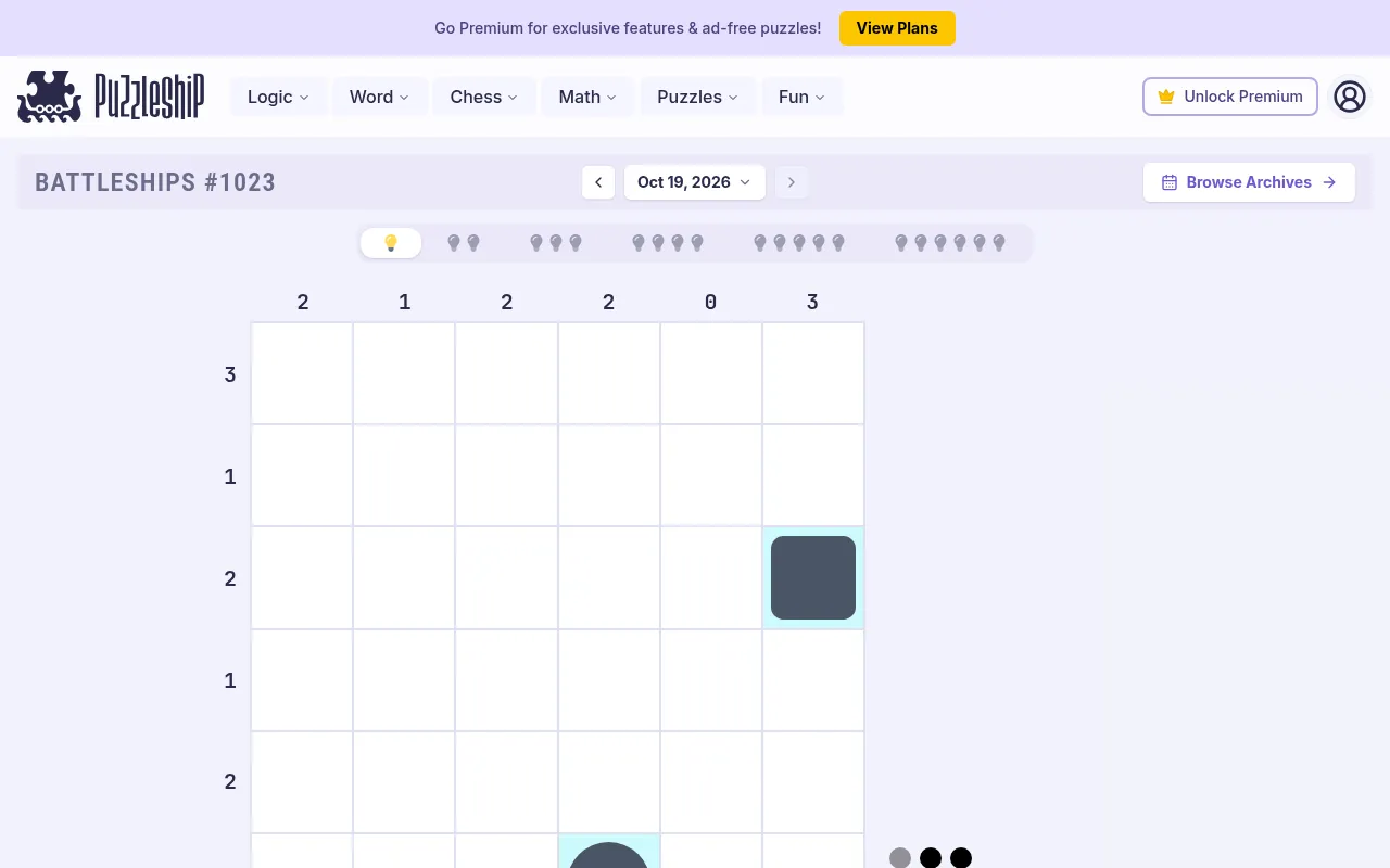 Puzzleship Battleships #1023 for Oct 19, 2026 on the very easy level: a 6x6 grid with row and column counts and two ship cells given