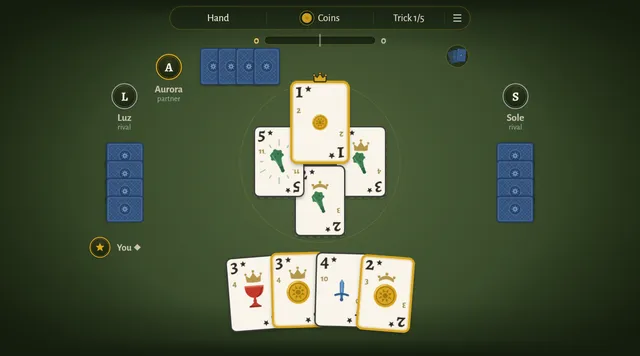 A Baza hand in play on a green table: three cards in the middle trick, the player's four Spanish-suited cards below and the rivals on either side