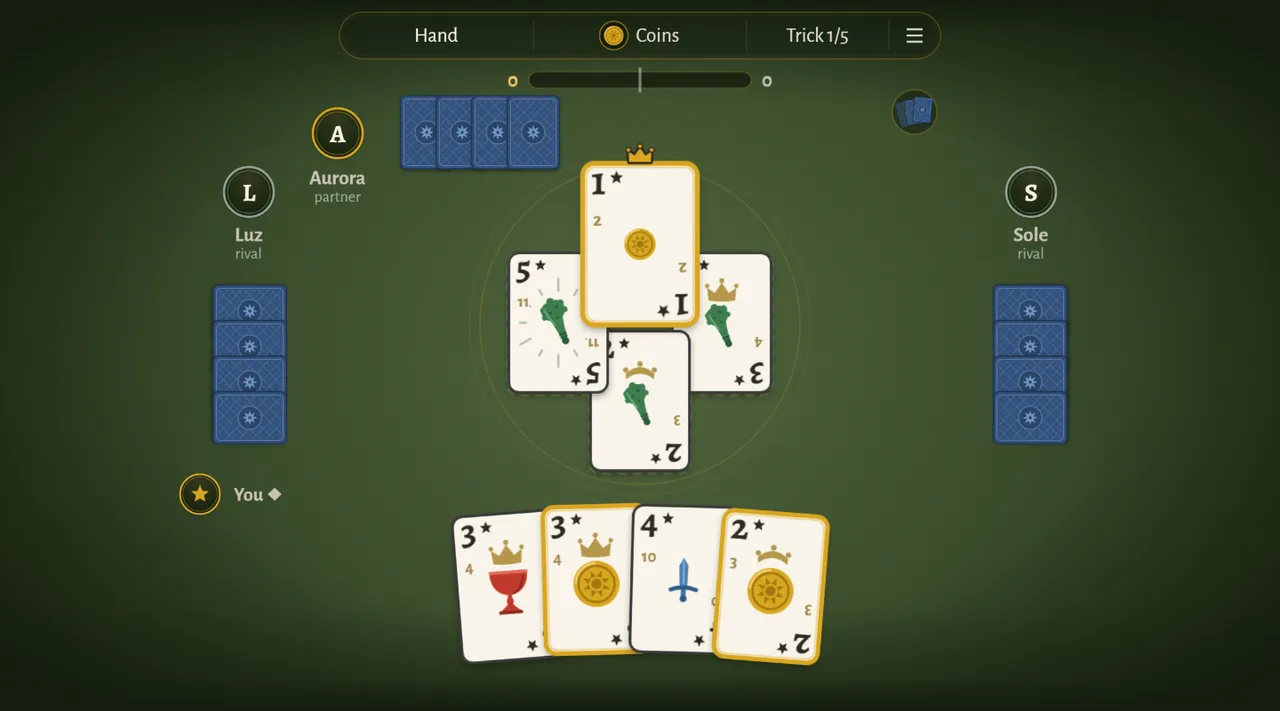 A Baza hand in play on a green table: three cards in the middle trick, the player's four Spanish-suited cards below and the rivals on either side