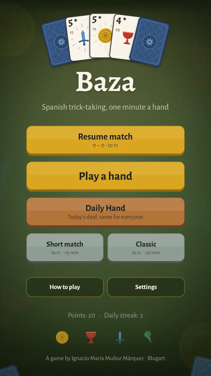 The Baza menu on a phone with Resume match, Play a hand and the Daily Hand button, today's deal, same for everyone