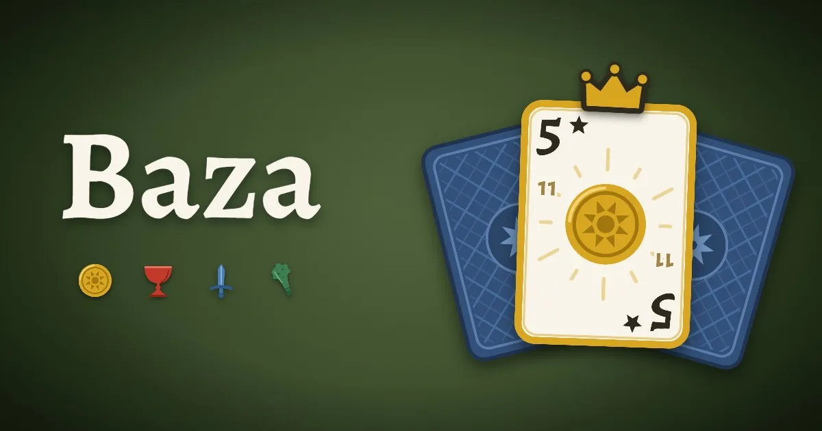 Baza title art: a gold five of coins card between two face-down Spanish cards