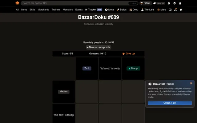 BazaarDoku #609 grid with column clues Tech, "leftmost" in tooltip and Charge, row clues Medium and "this item" in tooltip, score 0/9 and 10 guesses