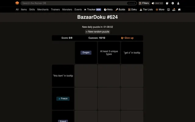 BazaarDoku #624 board on desktop: columns Dragon, at least 3 unique types and "get a" in tooltip, rows "this item" in tooltip, Freeze and Friend, score 0/9, 10 guesses