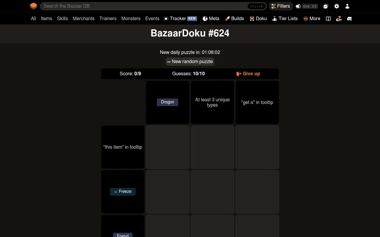 BazaarDoku #624 board on desktop: columns Dragon, at least 3 unique types and "get a" in tooltip, rows "this item" in tooltip, Freeze and Friend, score 0/9, 10 guesses