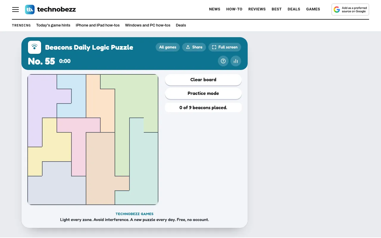 Beacons No. 55 on a desktop: today's empty nine by nine board of pastel zones beside the Clear board and Practice mode buttons