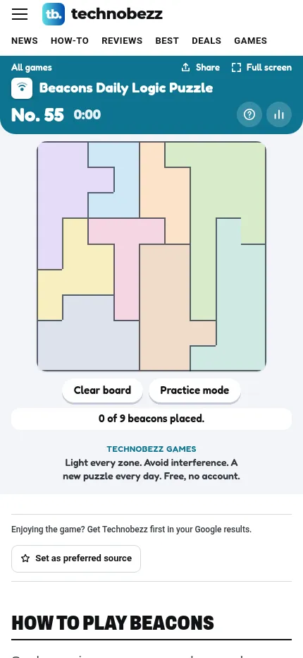 Beacons No. 55 at phone size: the nine by nine board of coloured zones under the timer, with Clear board and Practice mode below