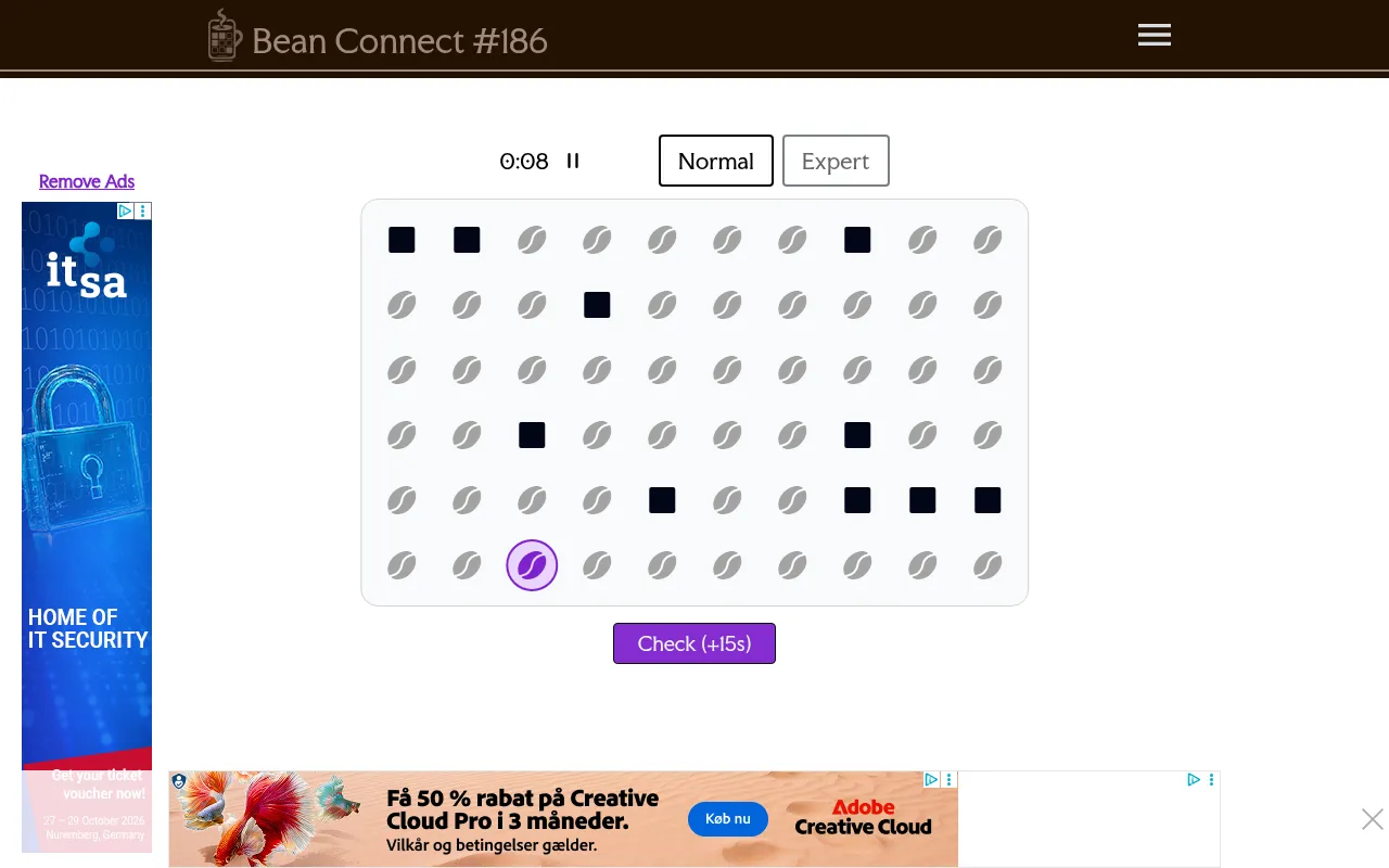 Bean Connect #186, Normal: a 10 by 6 board of coffee beans and black blocks, one bean selected, with a timer and a Check button (ads at the edges)