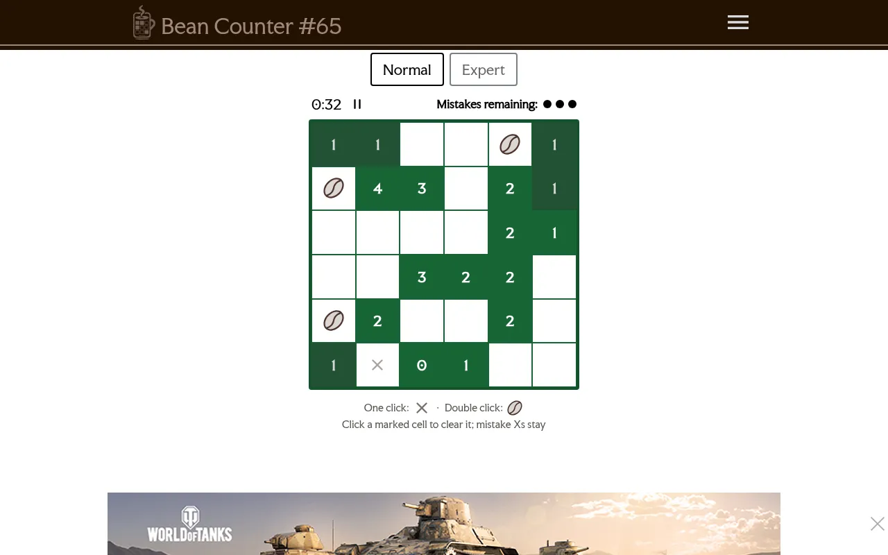 Bean Counter puzzle 65 (19 Oct 2026), Normal, in play on desktop: a 6x6 grid of green numbered cells with three coffee beans placed and one cell marked X, timer and three mistakes left