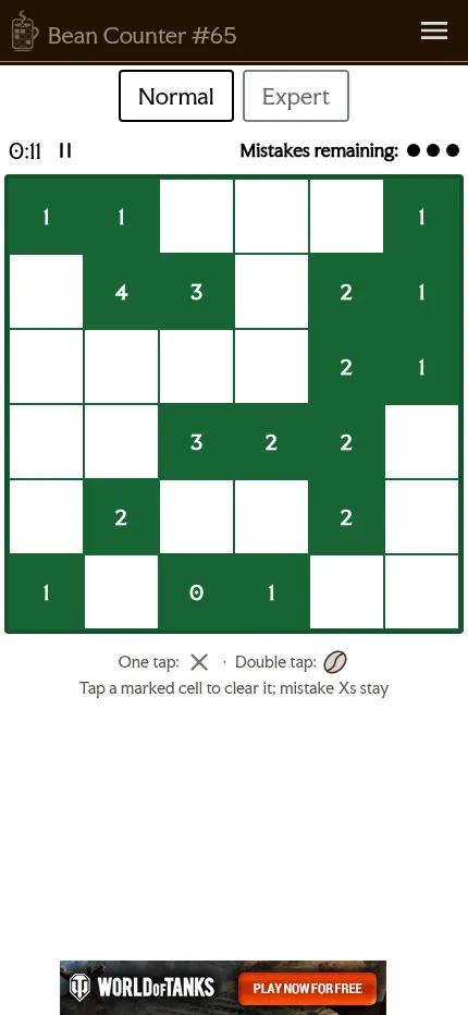 Bean Counter puzzle 65 on a phone: the 6x6 Normal board of numbered green cells and white cells for beans, with the timer and mistakes counter above