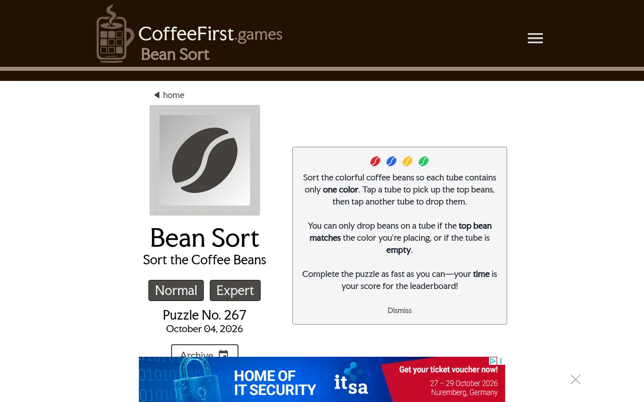 Bean Sort start page: Puzzle No. 267 for October 04, 2026, Normal and Expert buttons and the rules