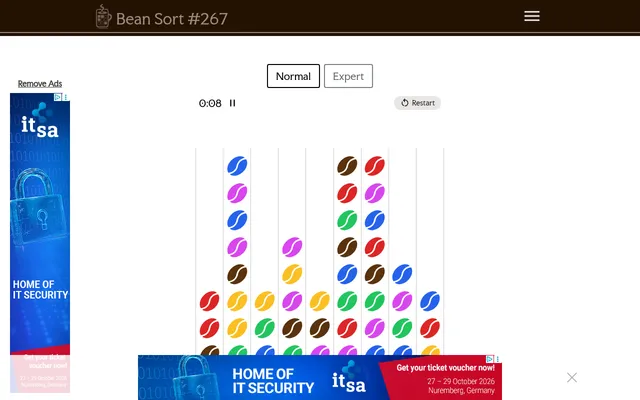Bean Sort #267, Normal: nine tubes of mixed coloured coffee beans to sort so each tube holds one colour, with a timer and Restart (ads at the edges)