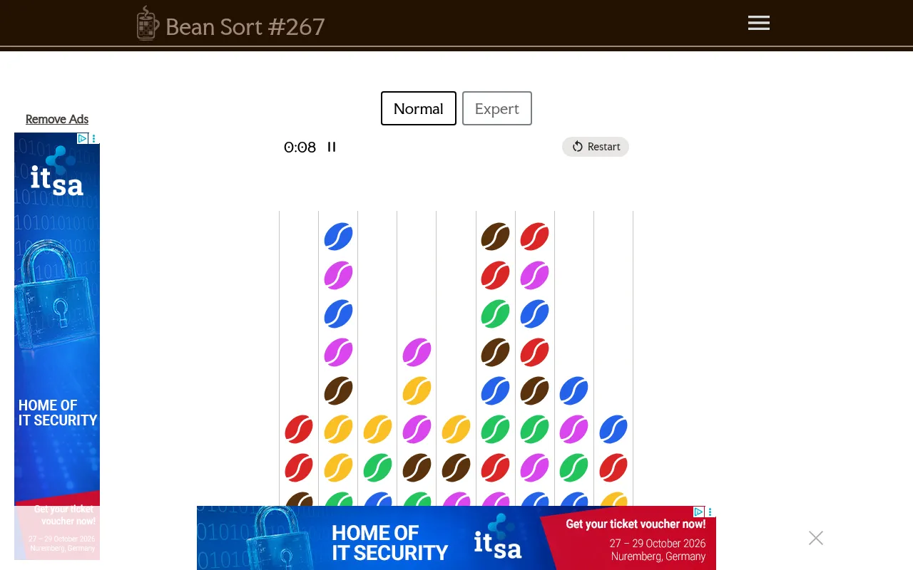 Bean Sort #267, Normal: nine tubes of mixed coloured coffee beans to sort so each tube holds one colour, with a timer and Restart (ads at the edges)