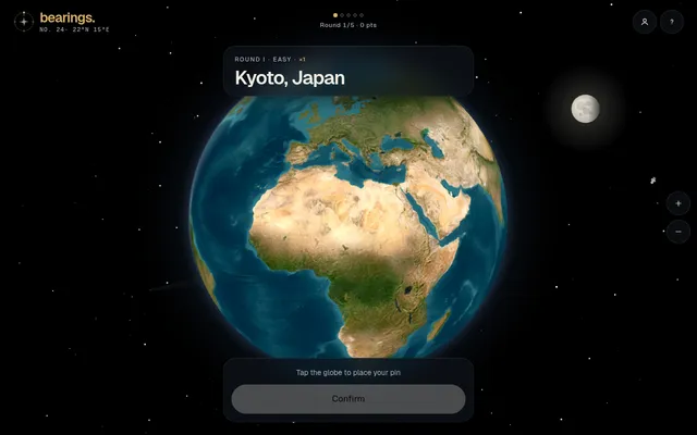 Bearings round 1 of 5: the prompt Kyoto, Japan above a 3D globe showing Europe and Africa, with a Confirm button below