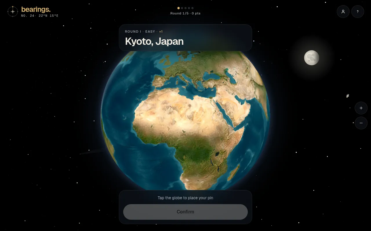 Bearings round 1 of 5: the prompt Kyoto, Japan above a 3D globe showing Europe and Africa, with a Confirm button below