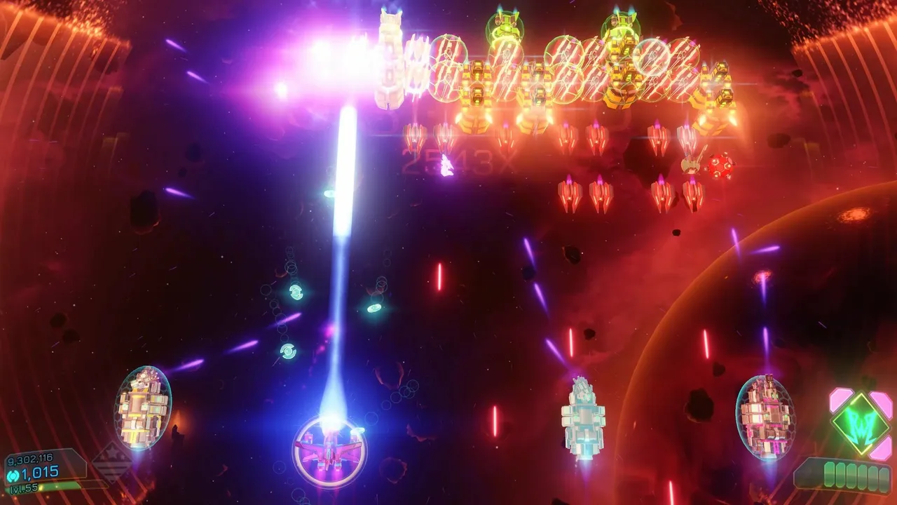 Beat Invaders: a blue laser beam fires up from the player's ship into rows of glowing red and orange enemy ships, freighters on either side