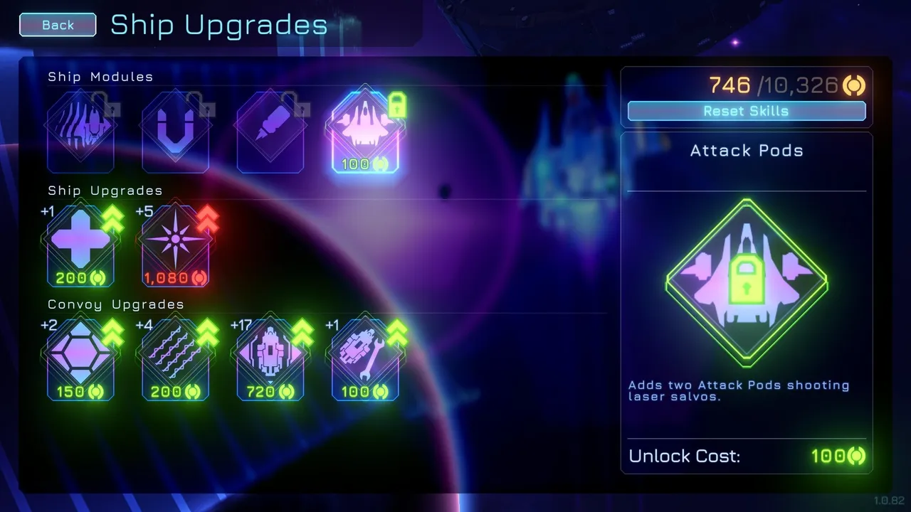 Beat Invaders: the Ship Upgrades screen with ship modules, convoy upgrades and their costs