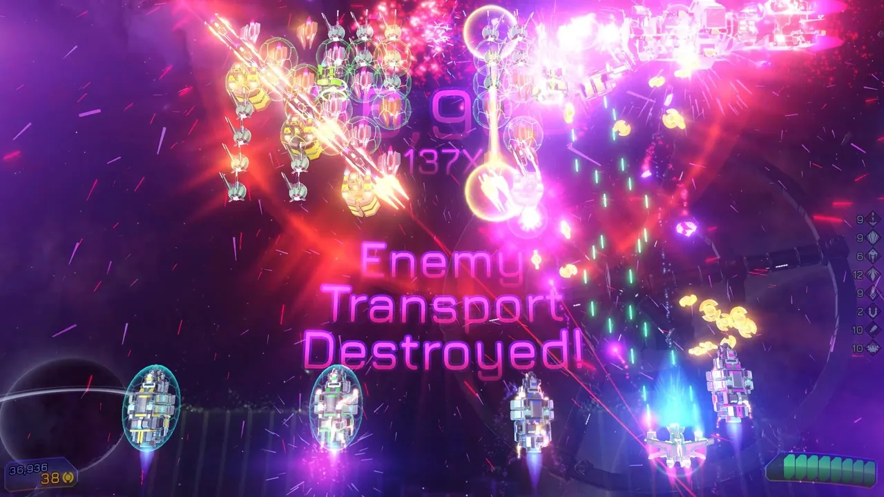 Beat Invaders: neon explosions and the words Enemy Transport Destroyed over a swarm of enemy ships