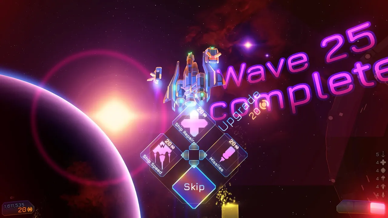 Beat Invaders: Wave 25 Complete over a planet, with a diamond menu of upgrades to choose from
