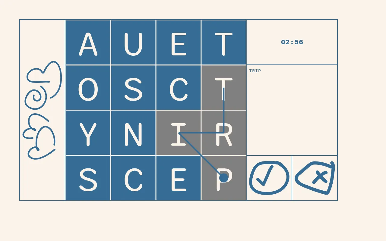 The Beat Me at Boggle board for 28 October 2026: letters A U E T, O S C T, Y N I R, S C E P, with the word TRIP traced and the timer at 02:56