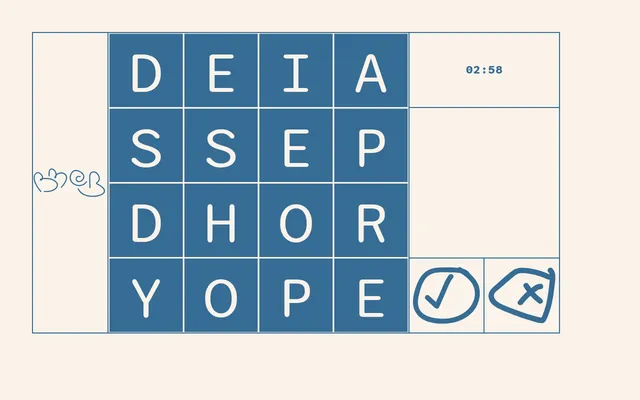 Today's Beat Me at Boggle board: a 4x4 grid of letters D E I A, S S E P, D H O R, Y O P E with the timer at 02:58 and tick and cross buttons