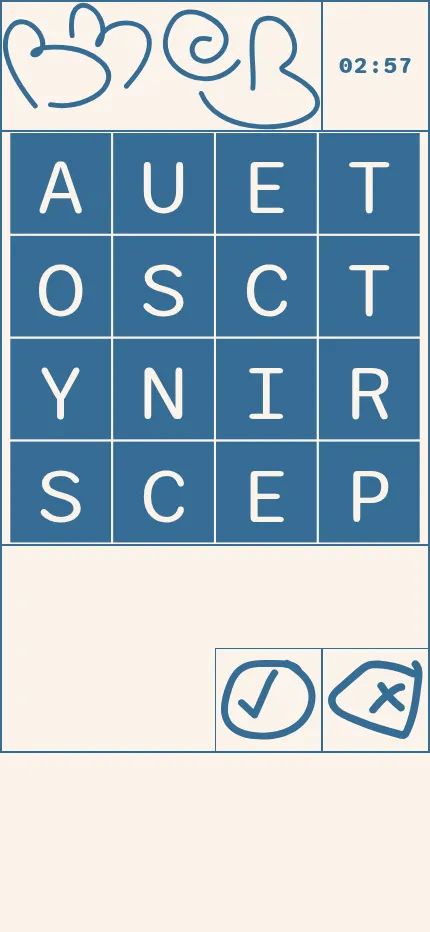 The same 28 October 2026 Beat Me at Boggle board at phone size, with the timer at the top and the tick and cross buttons under the 4x4 grid