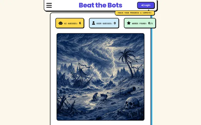A Beat the Bots puzzle: a pixel-art AI picture of a shipwreck, a skull and a treasure chest on a stormy beach, under counters for AI guesses, user guesses and words found