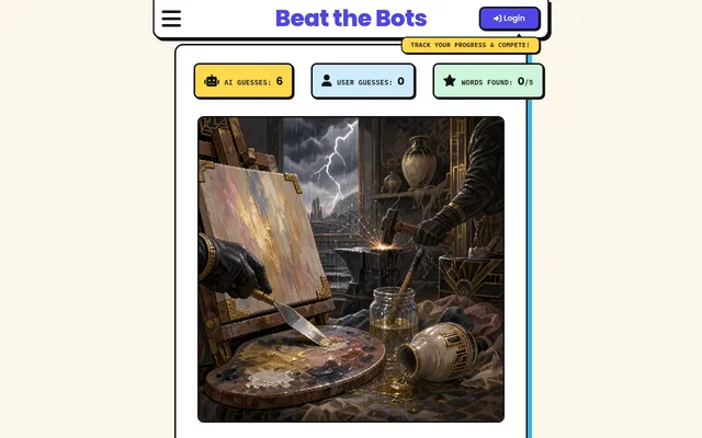The Beat the Bots puzzle of 23 October 2026 on a desktop: a pixel-art workshop with an easel, palette, anvil and hammer, under counters showing the AI took 6 guesses