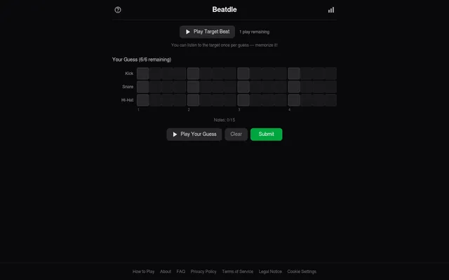 Beatdle's play screen: a Play Target Beat button, an empty Kick, Snare and Hi-Hat step grid over four beats, a notes counter and Submit