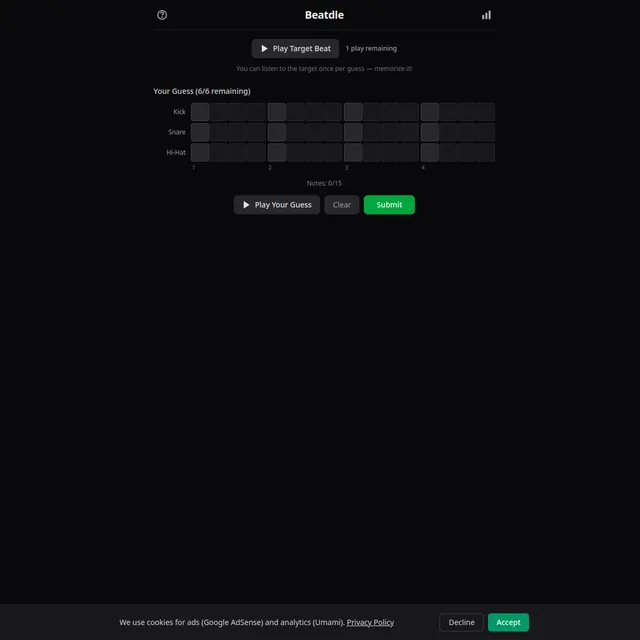 Beatdle play screen on a dark background: a Play Target Beat button reading 1 play remaining, a guess grid with Kick, Snare and Hi-Hat rows across sixteen steps grouped in four, a Notes 0/15 counter,