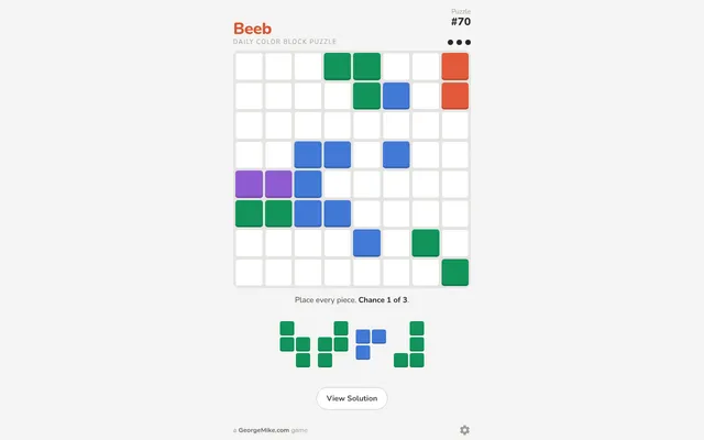 Beeb puzzle #70 on 22 October 2026: an 8x8 board with green, blue, purple and red blocks, a tray of four green and blue pieces below, chance 1 of 3