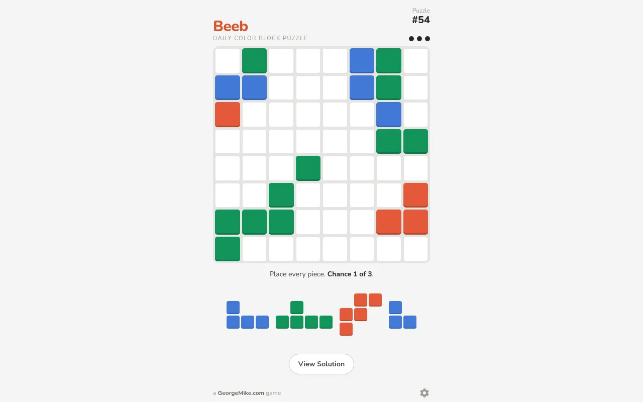 Beeb puzzle #54: an 8x8 board with green, blue and red blocks and a tray of four coloured pieces below, chance 1 of 3